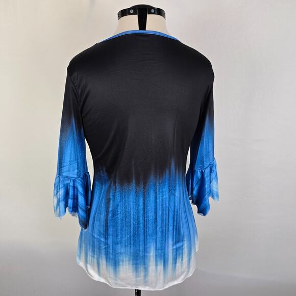Jiang Wu Blouse Women's XS Black Blue White Fit & Flare 3/4 Sleeves Ruffles NWT - Picture 6 of 16